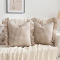 2 Pack Taupe/Brown Plaid Ruffle Throw Pillow Covers Farmhouse Checkered Chic by Qilunn