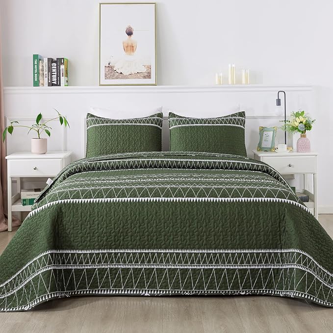 Andency Green California King Quilt Set, 3 Pieces Boho Lightweight Soft Striped by Andency