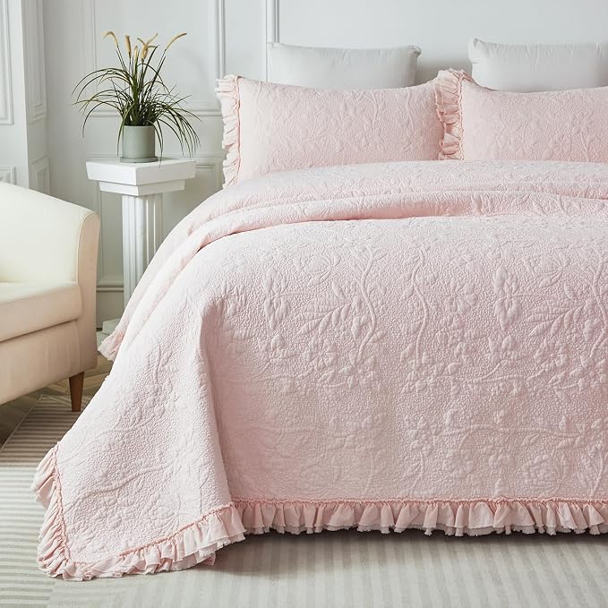 Brandream Light Pink Quilt Set King Size Cotton Shabby Chic Bedding Matelasse by Brandream
