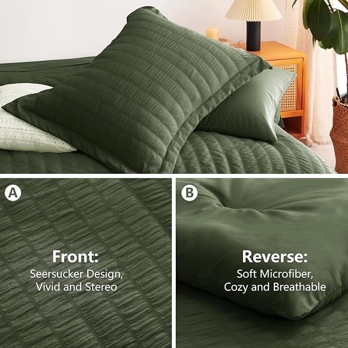 CozyLux Oversized Queen Comforter Set Olive Green Seersucker 7 Pieces 98x98 Bed - Image 4