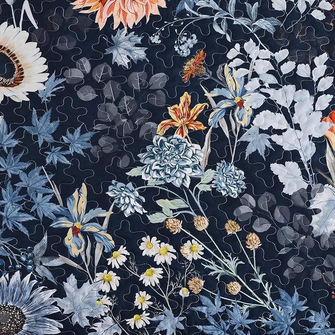 Yiran Navy Blue Sunflower Floral Quilts Queen Size, Botanical Fall Bedspread - Image 5