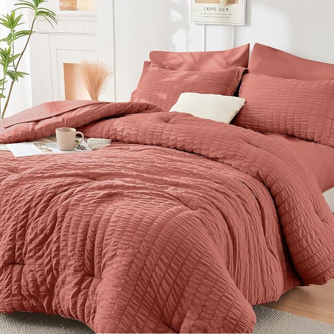 HYMOKEGE Coral Queen Comforter Set Seersucker 7 Pieces, All Season Luxury Bed by HYMOKEGE