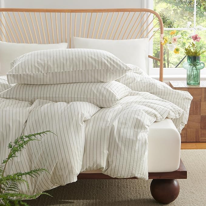 Nayoroom Striped Duvet Cover King Size 100% Washed Cotton White Brown Stripe - Image 5