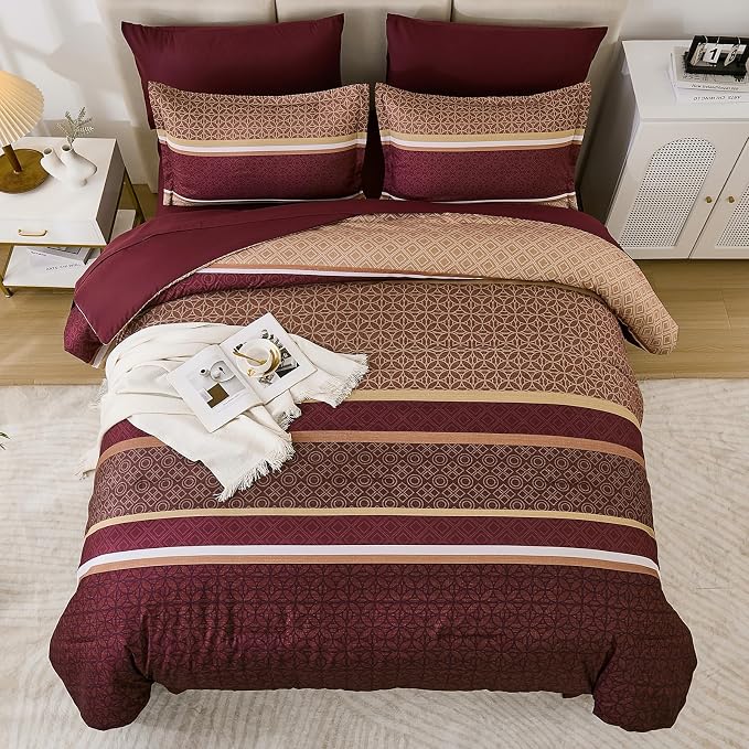 WONGS BEDDING Burgundy Comforter Set Queen Size, 7 Pieces Maroon Striped Bed in - Image 4