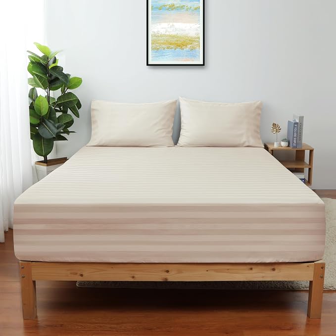 Full Size Striped Fitted Sheet Only Beige Color, 100% Egyptian Cotton 600 - Image 2