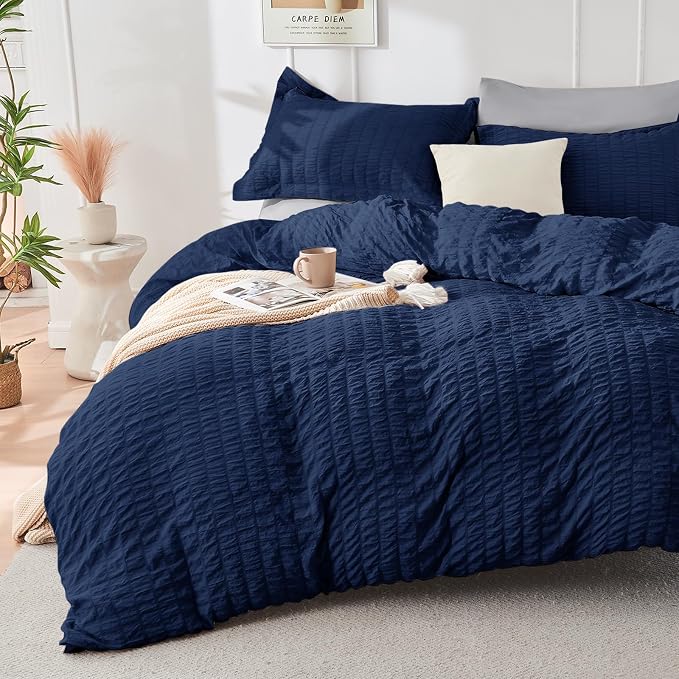 HYMOKEGE Navy Blue/Light Grey Full Size Comforter Sets Seersucker 7 Pieces - Image 2