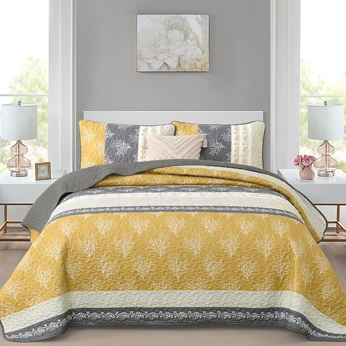 DJY Yellow Boho Quilt Set Queen Size, Striped Floral Yellow and Grey Bedspread - Image 2