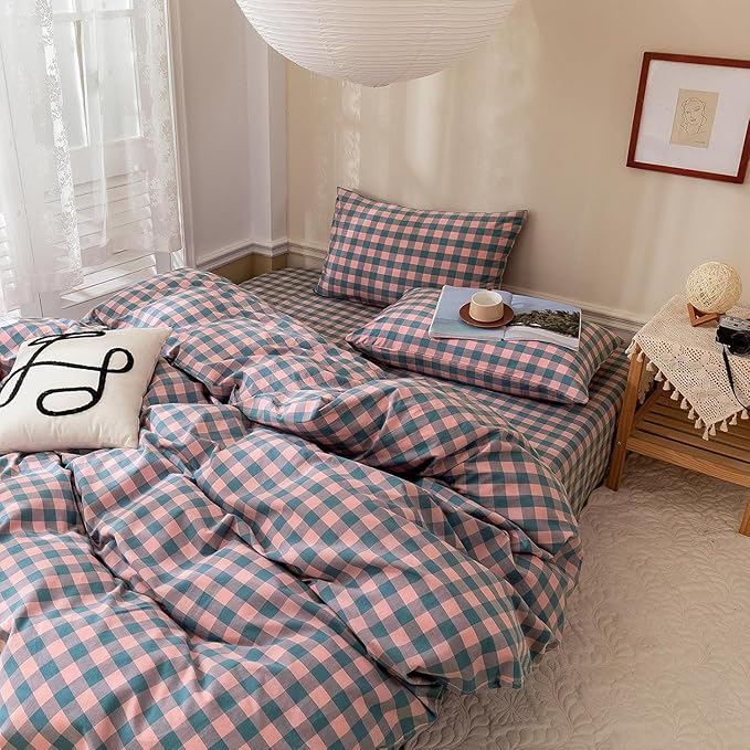 mixinni Pink Blue Purple Checkered Duvet Cover Set - Image 6