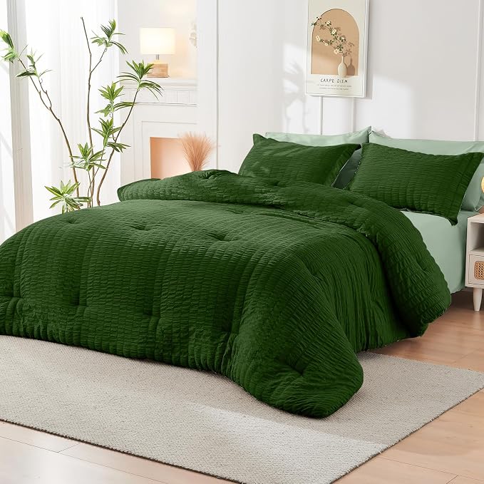 HYMOKEGE Dark Green/Sage Green Queen Comforter Set Seersucker 7 Pieces - Image 8