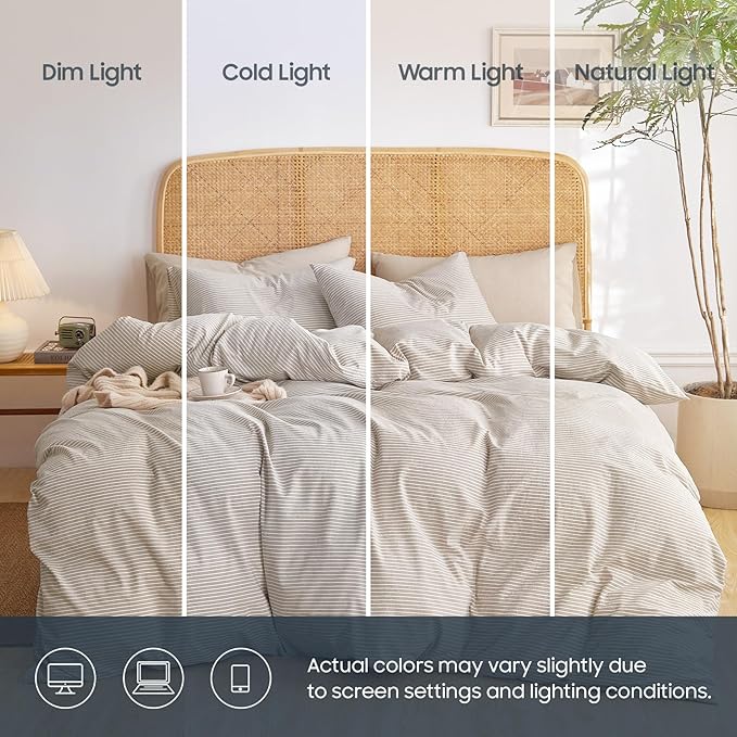 Wake In Cloud - Striped Cotton Duvet Cover Set, 100% Washed Cotton Textured - Image 3