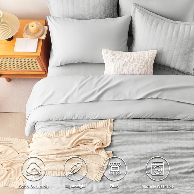 CozyLux Queen Comforter Set Light Grey Seersucker 7 Pieces Bed in a Bag Queen - Image 2