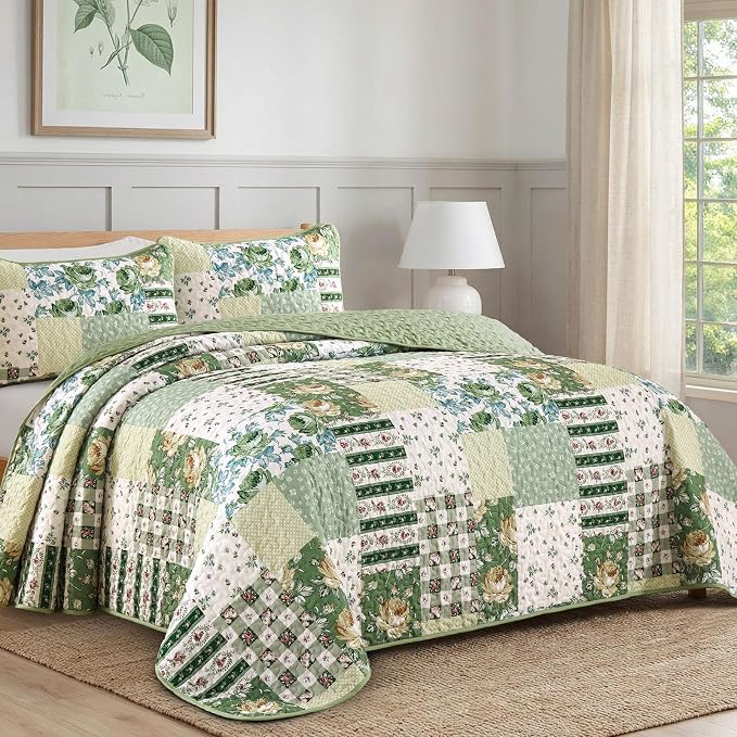 Anibedding Patchwork Quilt Set Queen Size Sage Green Floral Bedspread Coverlet - Image 2