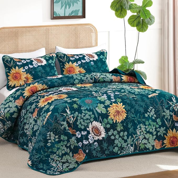 Yiran Peacock Green King Size Quilt, Sunflower Floral Bedspreads Bedding Set - Image 2