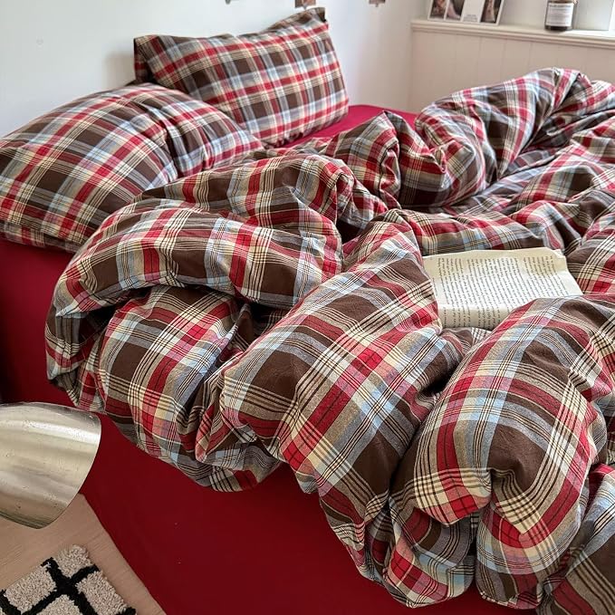 mixinni Vintage Red & Brown Buffalo Plaid Duvet Cover Set Full Size - Image 8