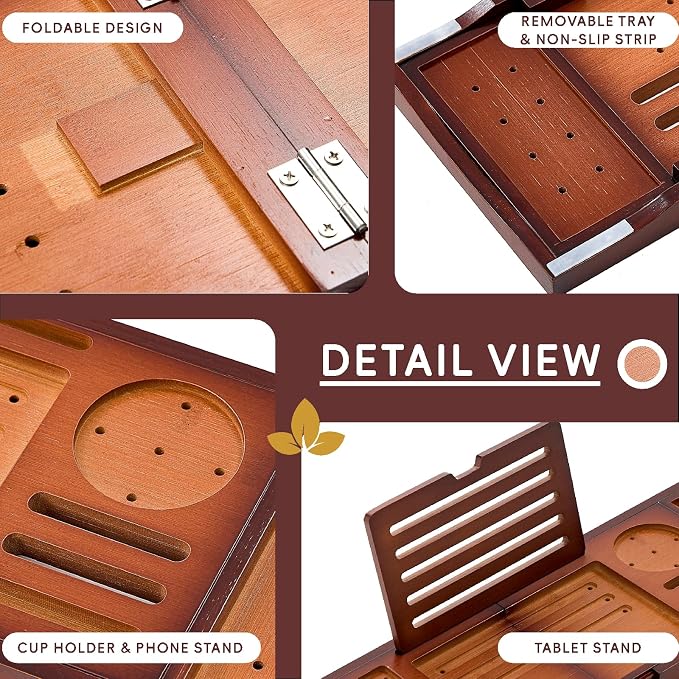 Premium Foldable Bamboo Bathtub Tray Caddy, Expandable Bath Caddy Tray - Image 6