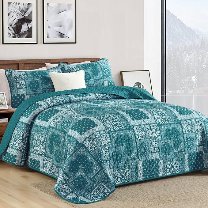 Cottolester Teal Patchwork Quilt Set Queen Size, 3 Pieces Boho Paisley Quilt Set - Image 2