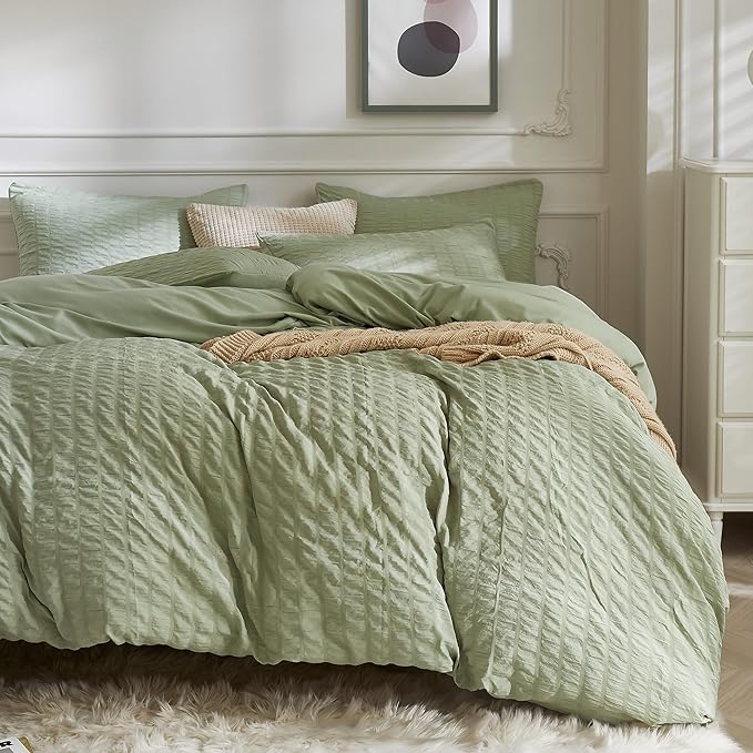 JELLYMONI Light Green Duvet Cover Queen Size, Soft Breathable Seersucker Duvet by JELLYMONI
