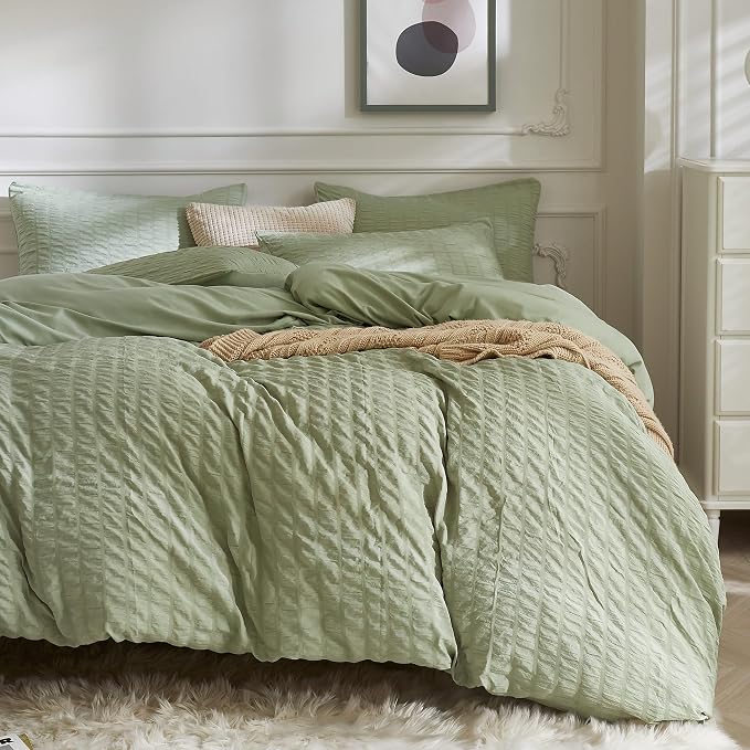 JELLYMONI Green Duvet Cover Oversized Queen Size, Soft Breathable Seersucker by JELLYMONI