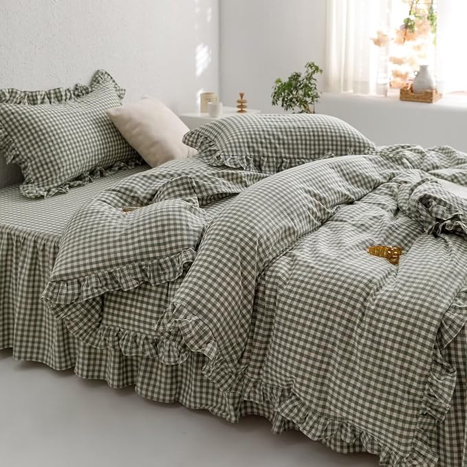 MKXI Sage Green Gingham Duvet Cover Full, 3-Piece Ruffled Bedding Set - Image 3