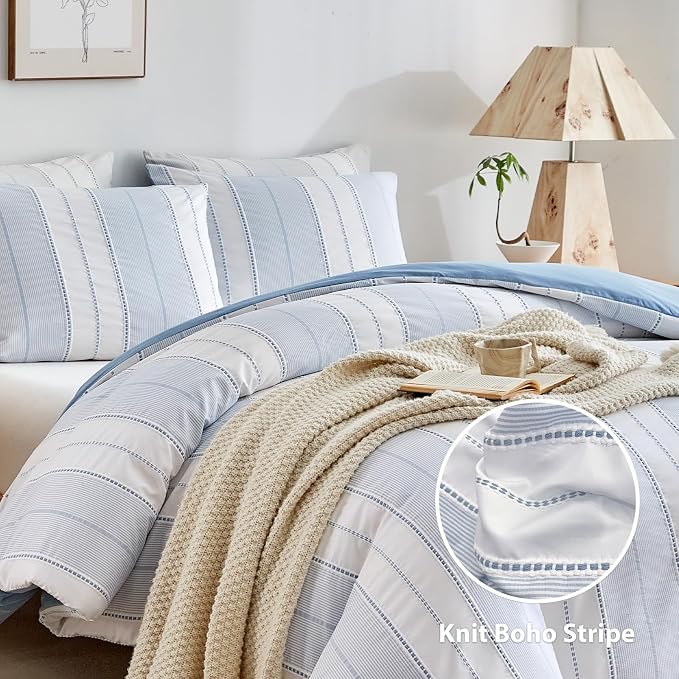 WARMDERN Blue Striped Weave Duvet Cover Queen Size, Microfiber Textured Bedding - Image 2