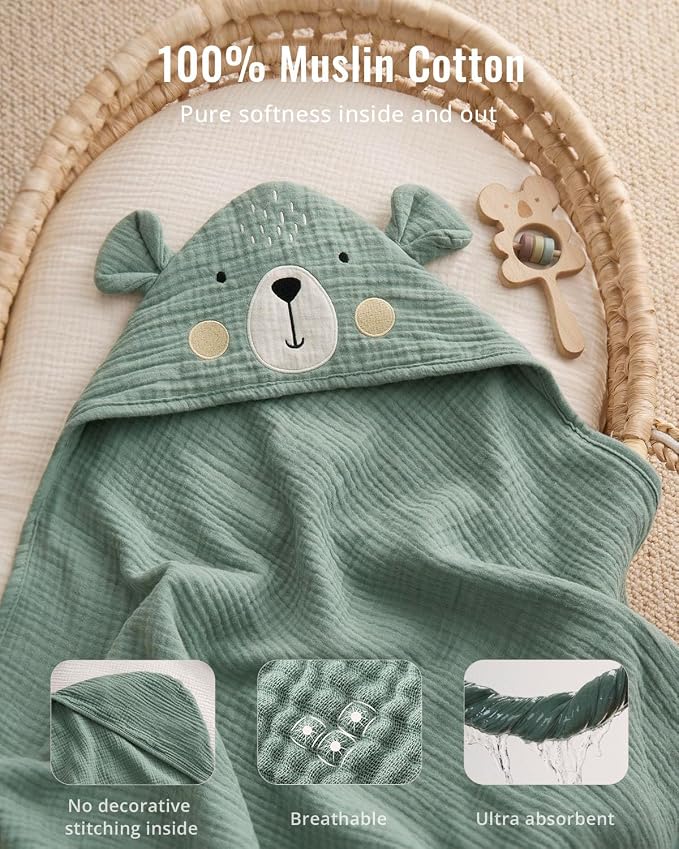 Blissful Diary Muslin Baby Hooded Towel, Soft and Absorbent Bath Towel - Image 2