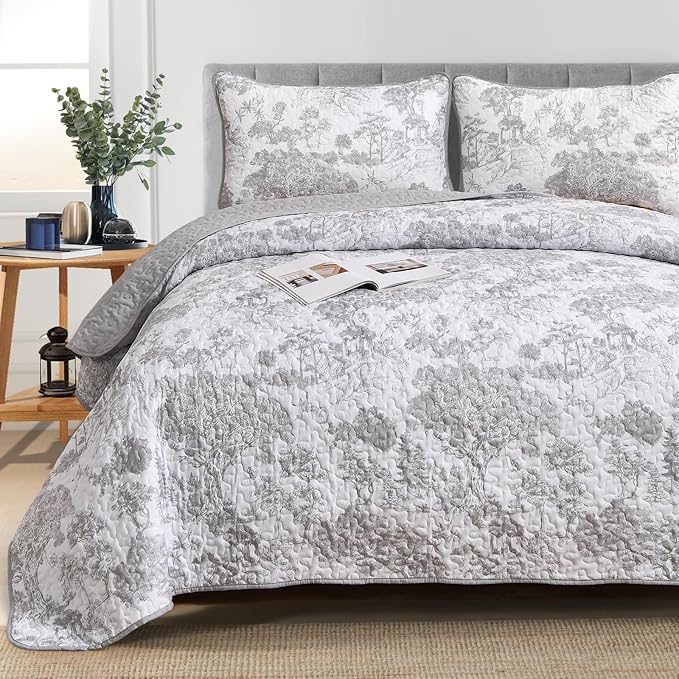 WONGS BEDDING Grey Quilt Set Queen Size, 3 Pieces Botanical Bedspreads Set - Image 7