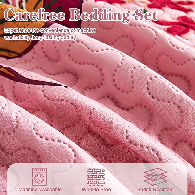Tyrot 3 Piece Pink Boho Floral Californial King Quilt Sets Farmhouse Botanical - Image 7