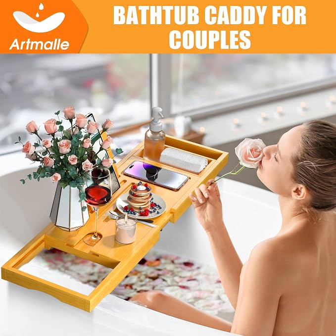 Artmalle Foldable Bathtub Tray for Tub, Bamboo Bathtub Caddy Tray Table - Image 2