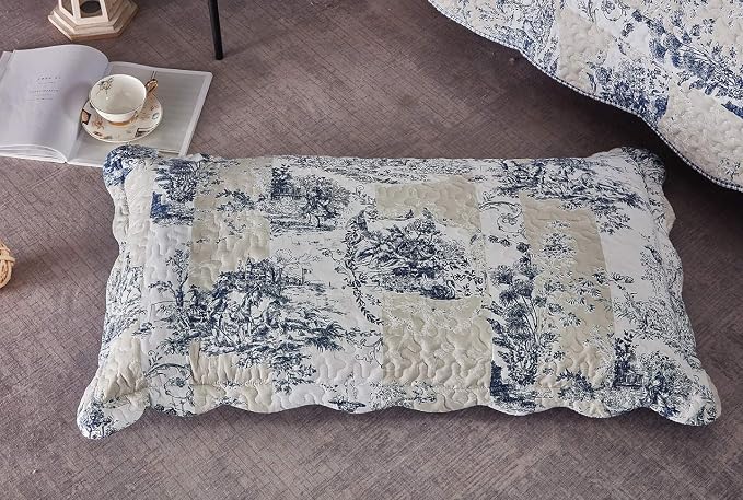 Brilliant Sunshine Blue Toile in Beige and Ivory Patches, 3-Piece Quilt Set - Image 4