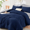 HYMOKEGE Navy Blue/Light Grey Twin Comforter Set Seersucker 5 Pieces, All by HYMOKEGE