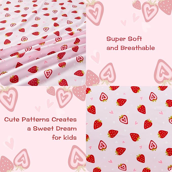 lasoftan Pink Strawberry Printed Kids Sheet Set Twin Size, Bed Sheets - Image 2