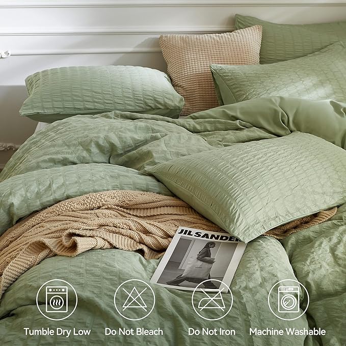 JELLYMONI Light Green Duvet Cover Twin Size, Soft Breathable Seersucker Duvet - Image 4