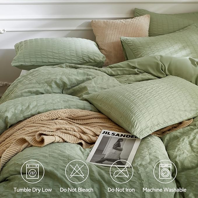 JELLYMONI Green Duvet Cover Oversized Queen Size, Soft Breathable Seersucker - Image 5