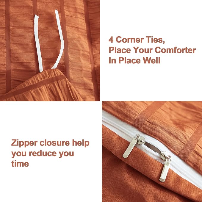 AveLom Terracotta Seersucker Duvet Cover Set Full Size, 3 Pieces, Ultra Soft - Image 4