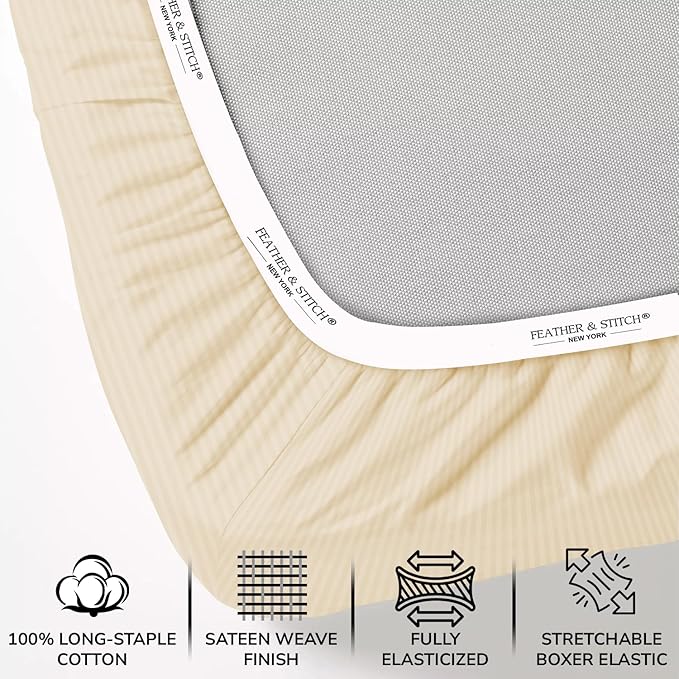 Feather & Stitch 1 Piece Fitted Sheet King Size, 100% Cotton Damask Sateen Weave - Image 2