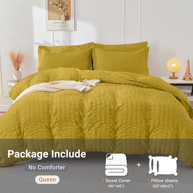 HYMOKEGE Mustard Yellow Duvet Cover Full Size, Ultra Soft 3-Piece Seersucker - Image 5