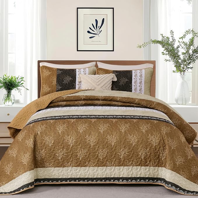 DJY Brown Quilt Set King Size Striped Bedspread Coverlet Set 3 Pieces Boho - Image 2