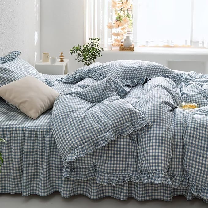 MKXI Blue and White Gingham Duvet Cover King Size, 3-Piece Bedding Set - Image 5