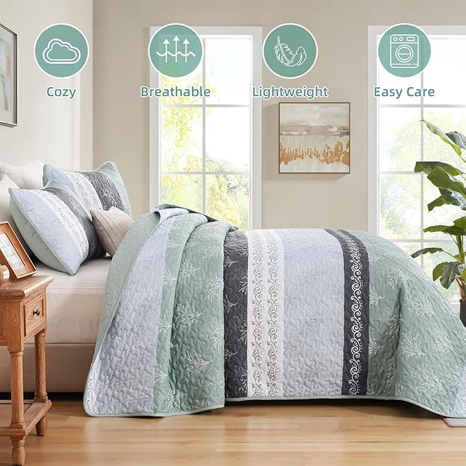 DJY Stripe Quilt Set Queen Size Sage Green Bedspread Coverlet Set 3 Pieces Boho - Image 4