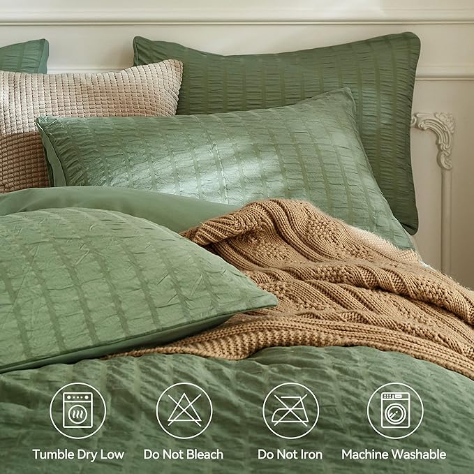 JELLYMONI Dark Green Duvet Cover King Size, Soft Breathable Seersucker Duvet - Image 4