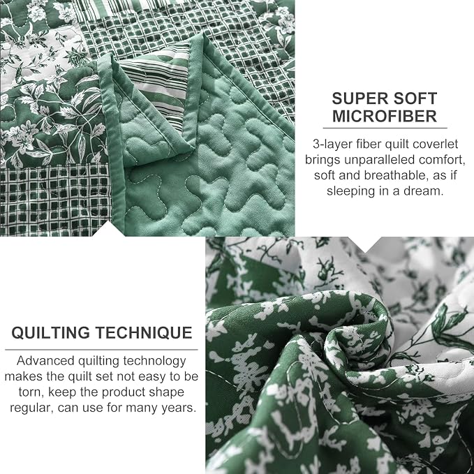 Mybedsoul Green Quilt Set Twin Size, 2 Pieces Plaid Floral Bedspread Set - Image 5