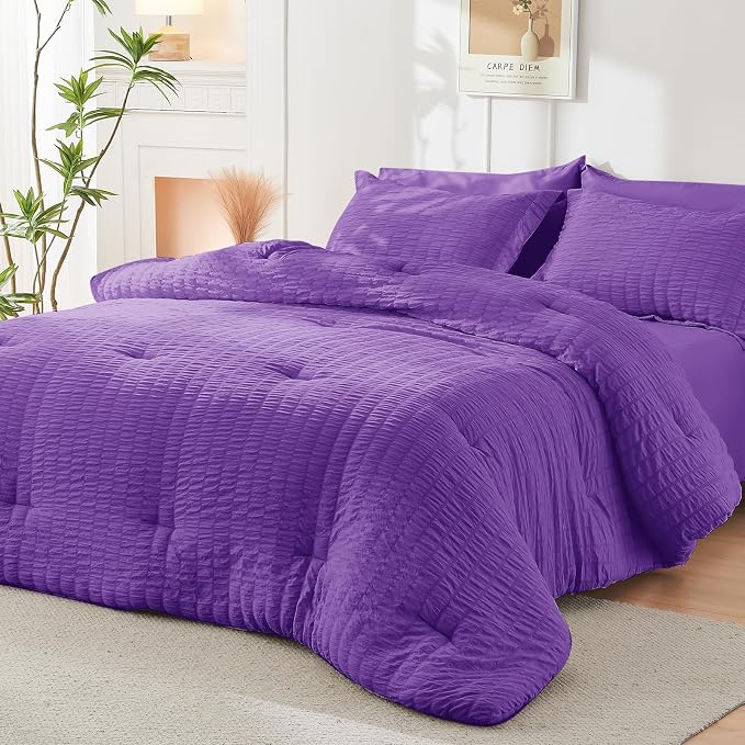HYMOKEGE Bright Purple Twin Comforter Set Seersucker 5 Pieces, All Season - Image 8
