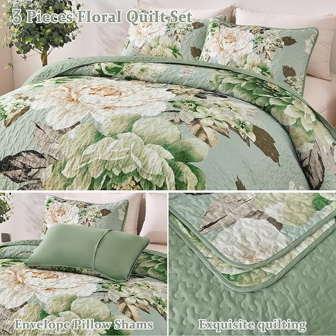 WONGS BEDDING Floral Quilt Set Queen, Sage Green 3 Pieces Elegant Flower - Image 5