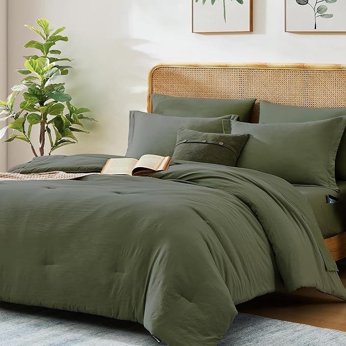 WRENSONGE Oversize King Size Comforter Sets, 7 Pieces Olive Green Bed in a Bag - Image 4