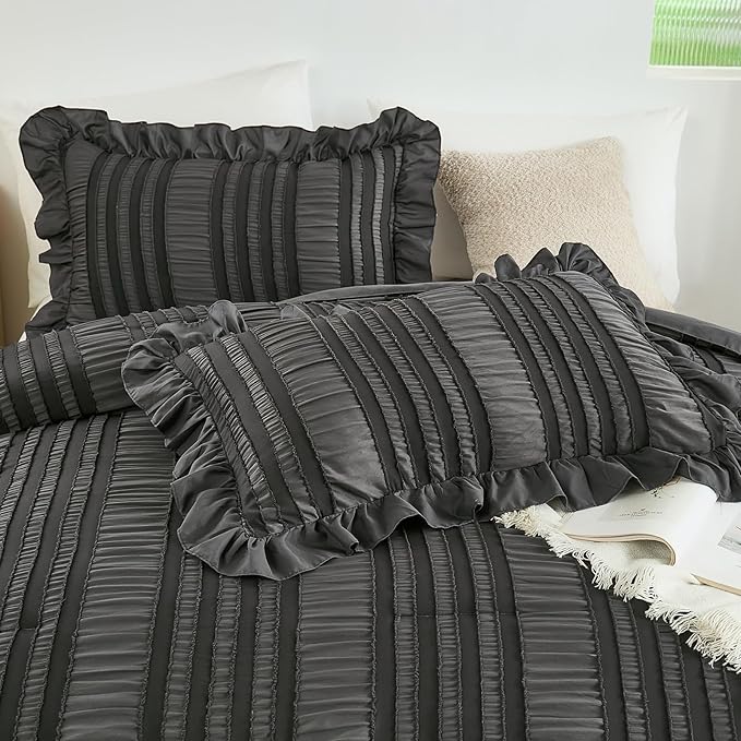 WONGS BEDDING Queen Comforter Set, Dark Grey Boho Comforter Set Queen, Shabby - Image 4