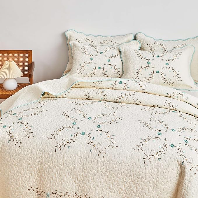 ROOMLIFE Quilt Set Queen Size 3D Floral Embroidery Pattern 3-Piece Cotton - Image 9
