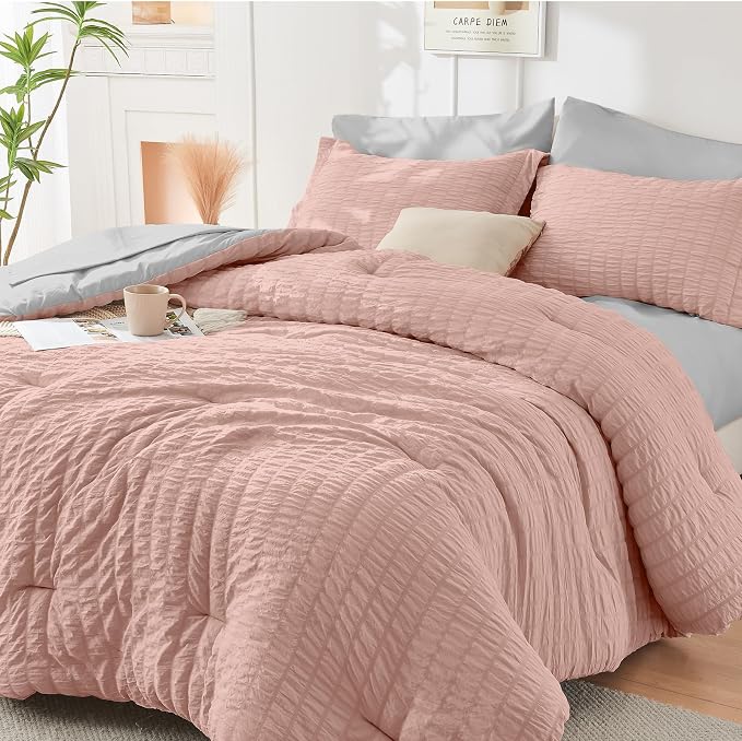 HYMOKEGE Rose Gold/Light Grey Twin Comforter Set Seersucker 5 Pieces, All by HYMOKEGE