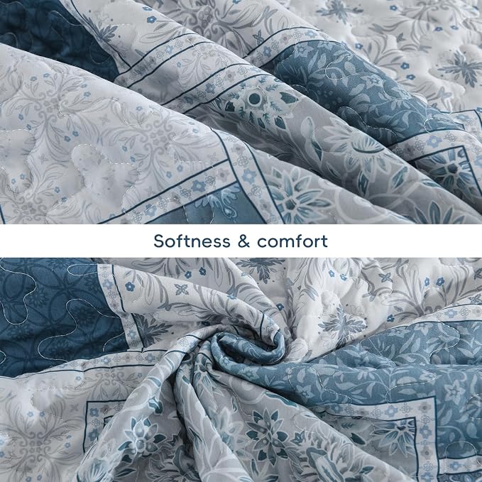 Xruibed Blue Boho Quilt Set King Size, 3 Pieces Plaid Floral Bedspread Coverlet - Image 8