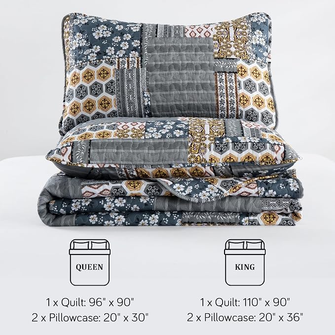 Mybedsoul Dark Grey Quilt Set Queen Size, 3 Pieces Plaid Floral Bedspread Set - Image 7