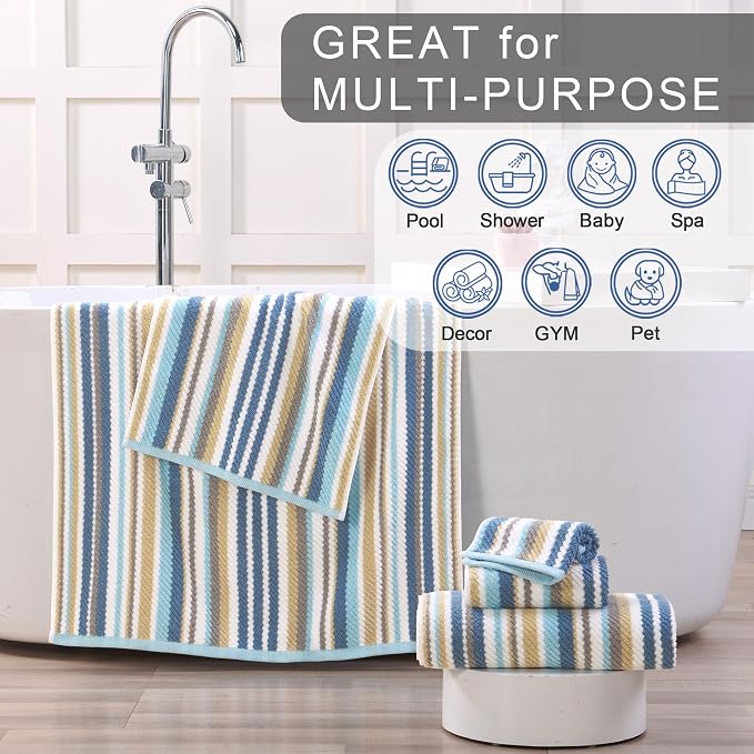 Striped Towels Set, 2 Bath 28"x52", 2 Hand 16"x27", 2 Face 13"x13", Luxury Bath - Image 5
